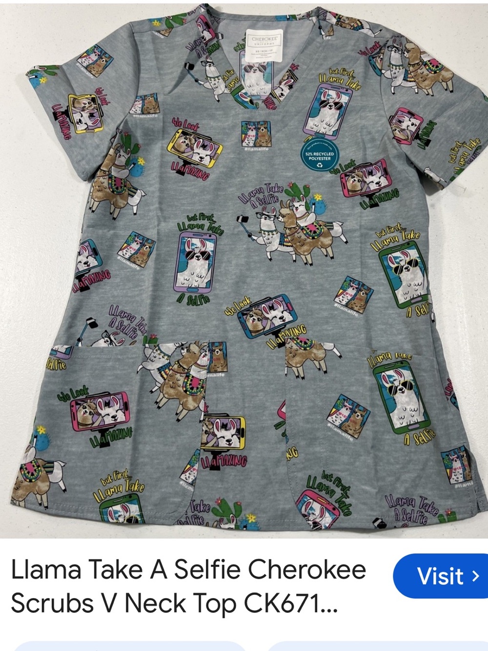 #3075**Cherokee Llama Selfie Scrub Top - Grey